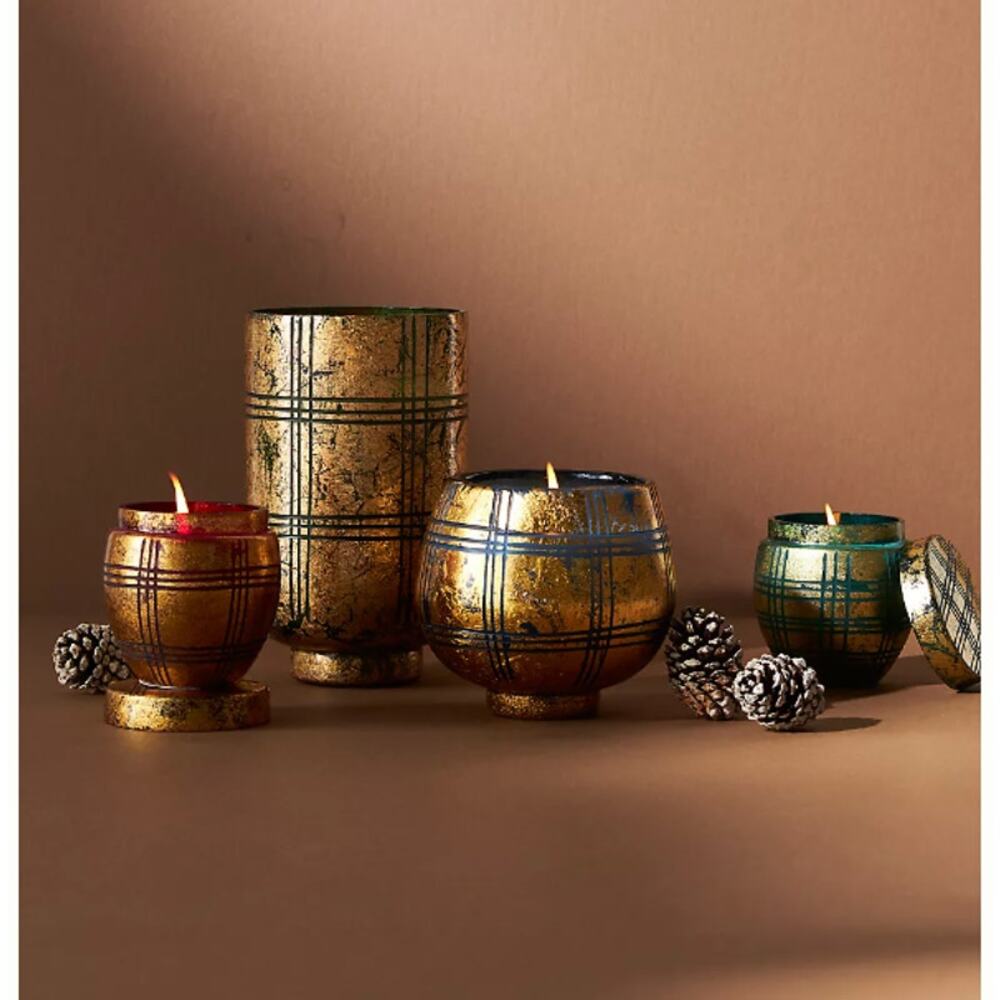 Anthropologie Winter Plaid Glass Candle Small NEW